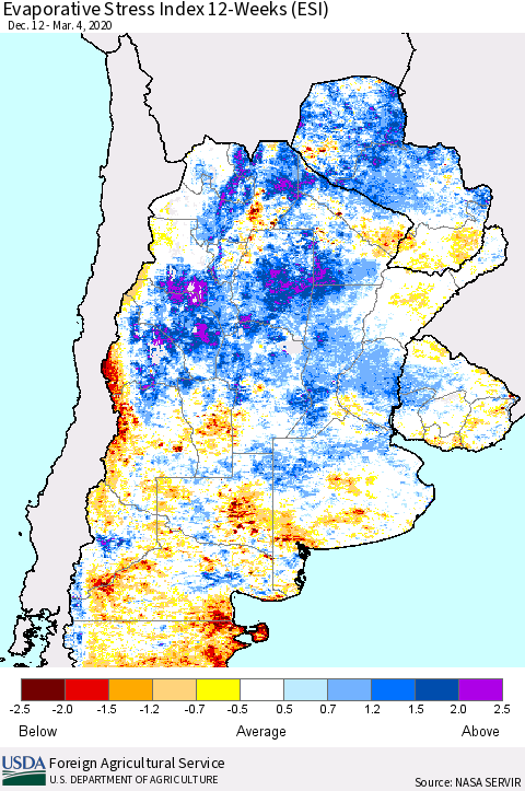 Southern South America Evaporative Stress Index (ESI), 12-Weeks Thematic Map For 3/2/2020 - 3/8/2020
