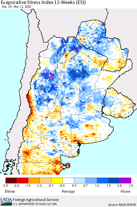 Southern South America Evaporative Stress Index (ESI), 12-Weeks Thematic Map For 3/9/2020 - 3/15/2020