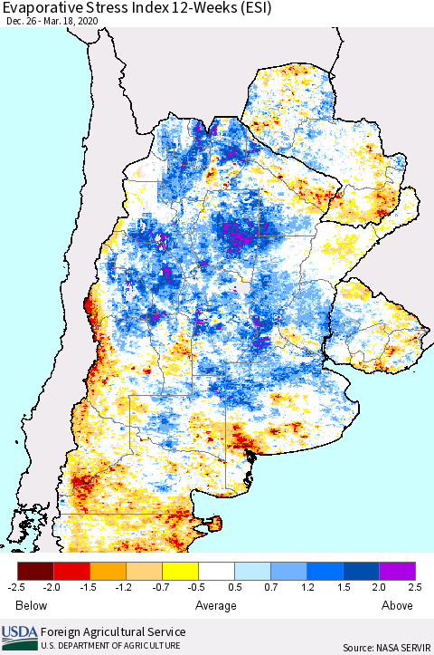 Southern South America Evaporative Stress Index (ESI), 12-Weeks Thematic Map For 3/16/2020 - 3/22/2020