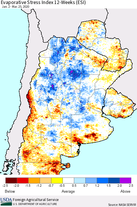 Southern South America Evaporative Stress Index (ESI), 12-Weeks Thematic Map For 3/23/2020 - 3/29/2020