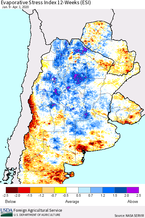 Southern South America Evaporative Stress Index (ESI), 12-Weeks Thematic Map For 3/30/2020 - 4/5/2020
