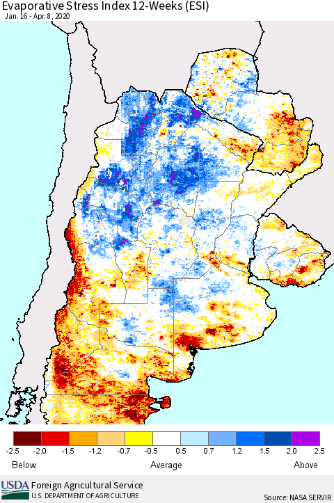 Southern South America Evaporative Stress Index (ESI), 12-Weeks Thematic Map For 4/6/2020 - 4/12/2020