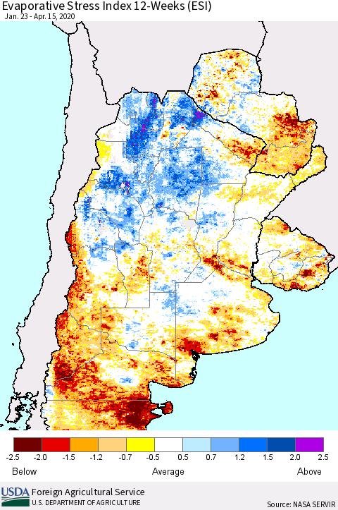 Southern South America Evaporative Stress Index (ESI), 12-Weeks Thematic Map For 4/13/2020 - 4/19/2020