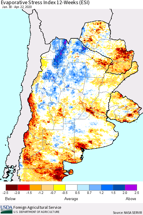 Southern South America Evaporative Stress Index (ESI), 12-Weeks Thematic Map For 4/20/2020 - 4/26/2020