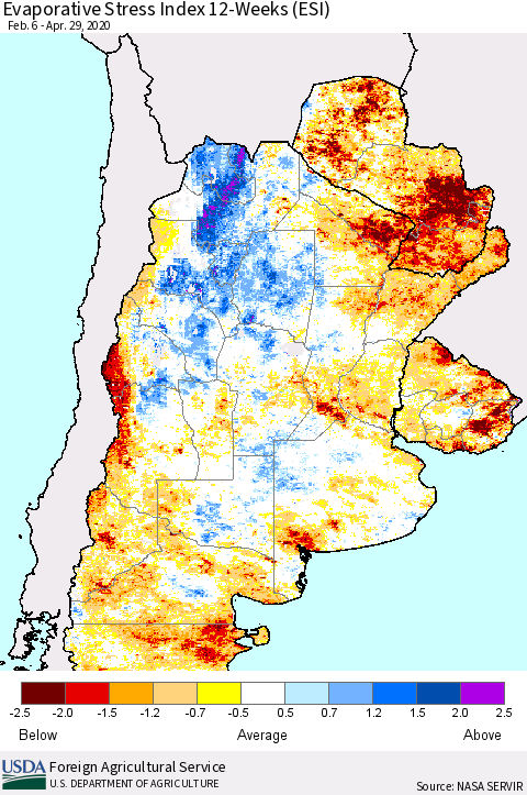 Southern South America Evaporative Stress Index (ESI), 12-Weeks Thematic Map For 4/27/2020 - 5/3/2020