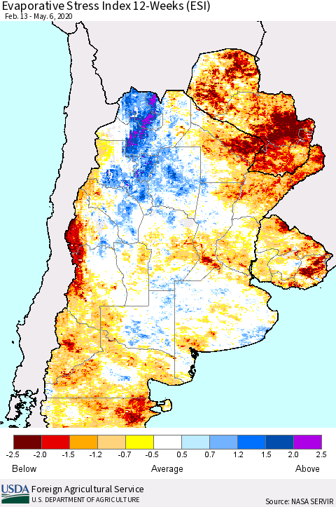 Southern South America Evaporative Stress Index (ESI), 12-Weeks Thematic Map For 5/4/2020 - 5/10/2020