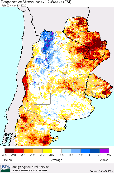Southern South America Evaporative Stress Index (ESI), 12-Weeks Thematic Map For 5/11/2020 - 5/17/2020
