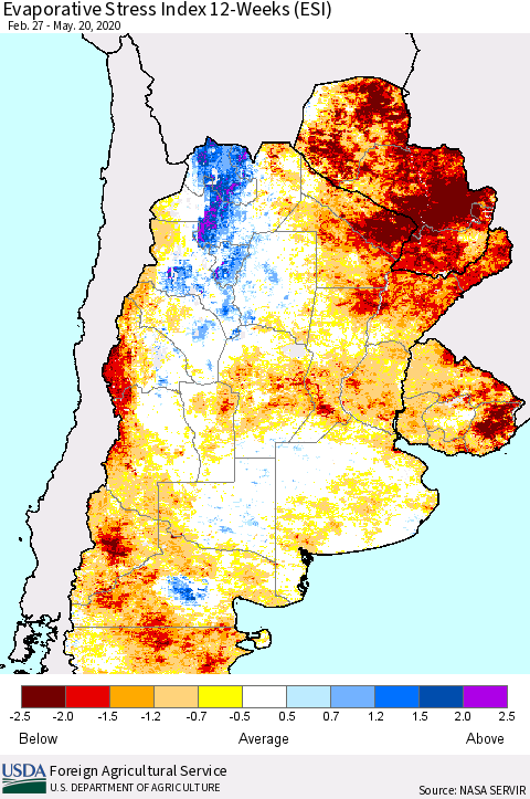 Southern South America Evaporative Stress Index (ESI), 12-Weeks Thematic Map For 5/18/2020 - 5/24/2020