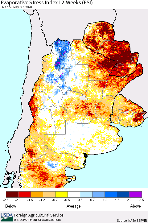 Southern South America Evaporative Stress Index (ESI), 12-Weeks Thematic Map For 5/25/2020 - 5/31/2020