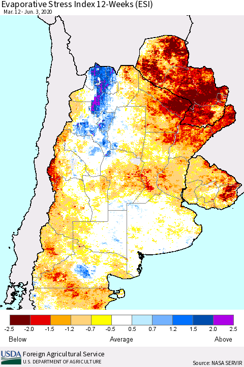 Southern South America Evaporative Stress Index (ESI), 12-Weeks Thematic Map For 6/1/2020 - 6/7/2020
