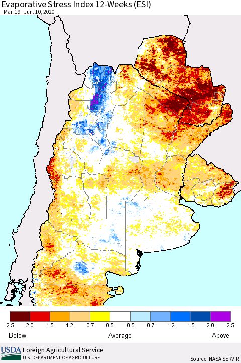 Southern South America Evaporative Stress Index (ESI), 12-Weeks Thematic Map For 6/8/2020 - 6/14/2020