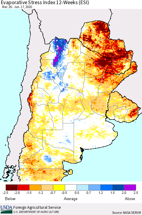 Southern South America Evaporative Stress Index (ESI), 12-Weeks Thematic Map For 6/15/2020 - 6/21/2020