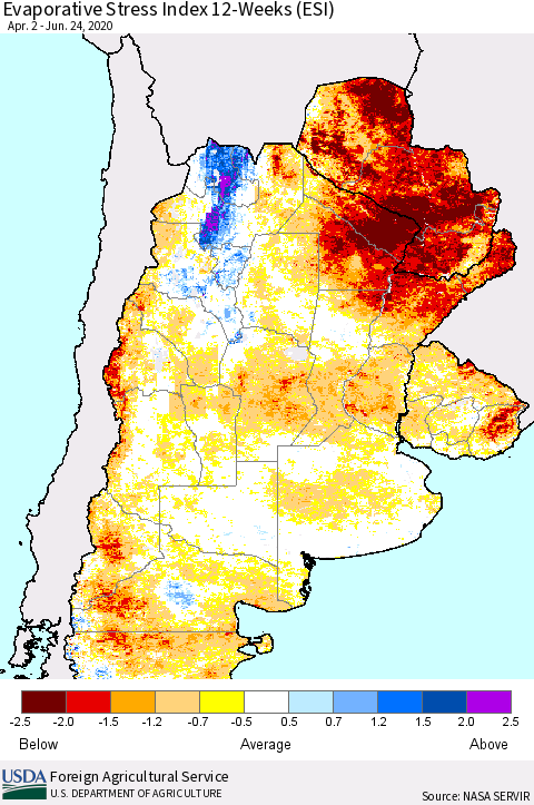 Southern South America Evaporative Stress Index (ESI), 12-Weeks Thematic Map For 6/22/2020 - 6/28/2020