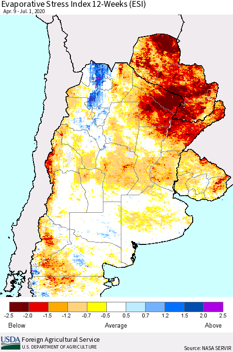 Southern South America Evaporative Stress Index (ESI), 12-Weeks Thematic Map For 6/29/2020 - 7/5/2020