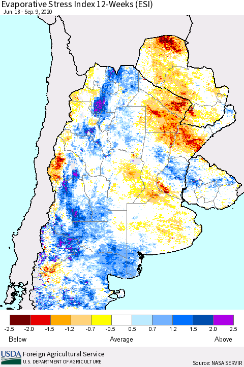 Southern South America Evaporative Stress Index (ESI), 12-Weeks Thematic Map For 9/7/2020 - 9/13/2020