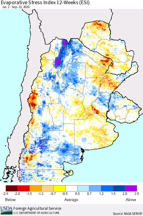 Southern South America Evaporative Stress Index (ESI), 12-Weeks Thematic Map For 9/21/2020 - 9/27/2020