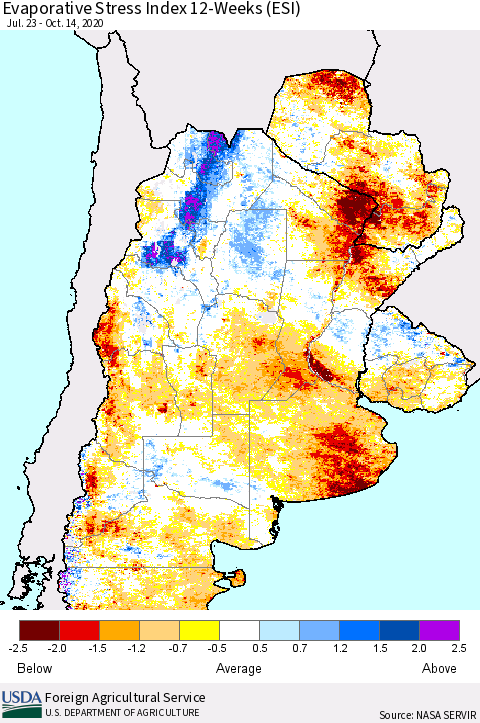 Southern South America Evaporative Stress Index (ESI), 12-Weeks Thematic Map For 10/12/2020 - 10/18/2020
