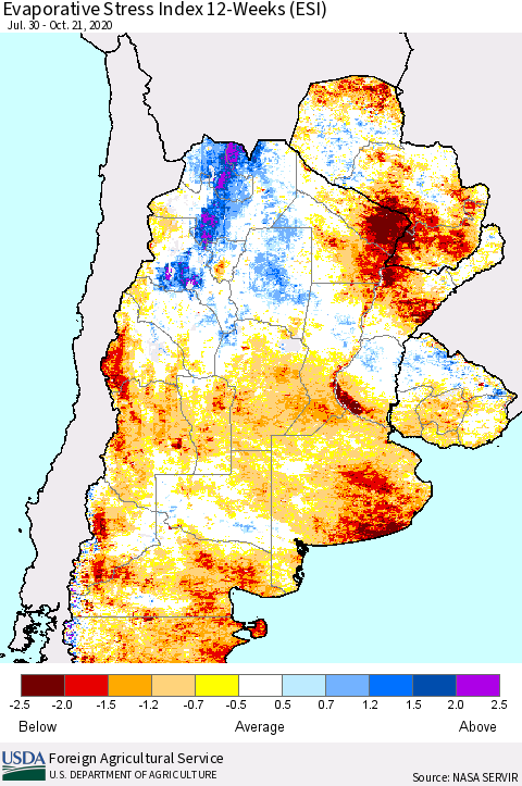 Southern South America Evaporative Stress Index (ESI), 12-Weeks Thematic Map For 10/19/2020 - 10/25/2020