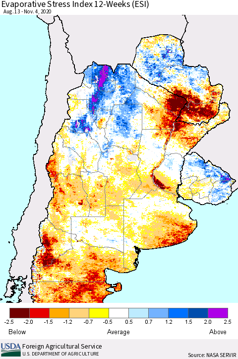 Southern South America Evaporative Stress Index (ESI), 12-Weeks Thematic Map For 11/2/2020 - 11/8/2020