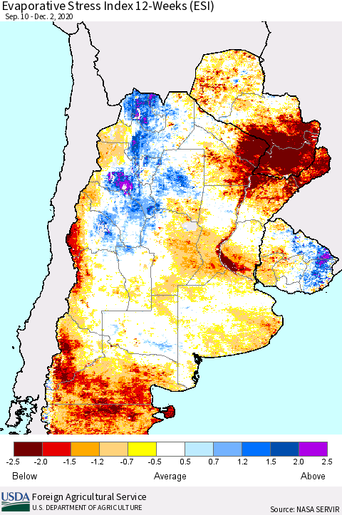 Southern South America Evaporative Stress Index (ESI), 12-Weeks Thematic Map For 11/30/2020 - 12/6/2020