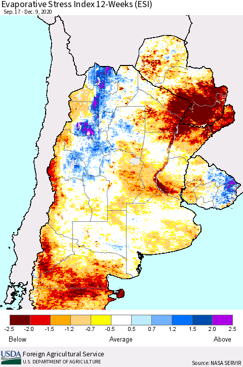 Southern South America Evaporative Stress Index (ESI), 12-Weeks Thematic Map For 12/7/2020 - 12/13/2020