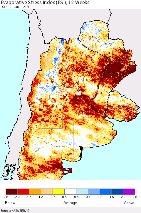 Southern South America Evaporative Stress Index (ESI), 12-Weeks Thematic Map For 12/28/2020 - 1/3/2021