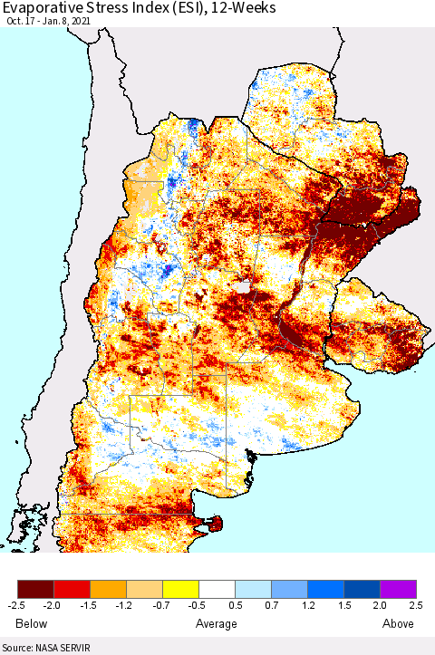 Southern South America Evaporative Stress Index (ESI), 12-Weeks Thematic Map For 1/4/2021 - 1/10/2021