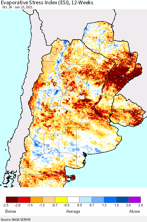 Southern South America Evaporative Stress Index (ESI), 12-Weeks Thematic Map For 1/11/2021 - 1/17/2021