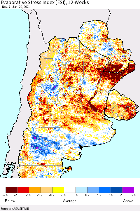 Southern South America Evaporative Stress Index (ESI), 12-Weeks Thematic Map For 1/25/2021 - 1/31/2021