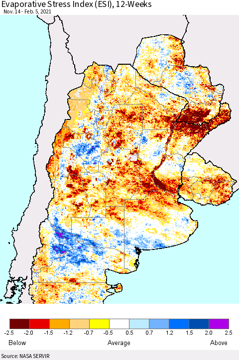 Southern South America Evaporative Stress Index (ESI), 12-Weeks Thematic Map For 2/1/2021 - 2/7/2021