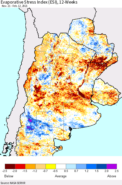 Southern South America Evaporative Stress Index (ESI), 12-Weeks Thematic Map For 2/8/2021 - 2/14/2021