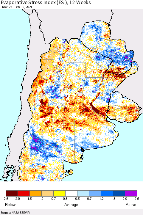 Southern South America Evaporative Stress Index (ESI), 12-Weeks Thematic Map For 2/15/2021 - 2/21/2021