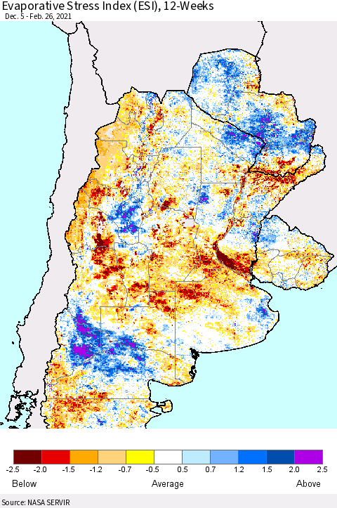 Southern South America Evaporative Stress Index (ESI), 12-Weeks Thematic Map For 2/22/2021 - 2/28/2021