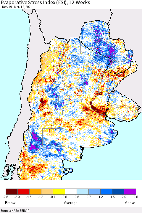 Southern South America Evaporative Stress Index (ESI), 12-Weeks Thematic Map For 3/8/2021 - 3/14/2021