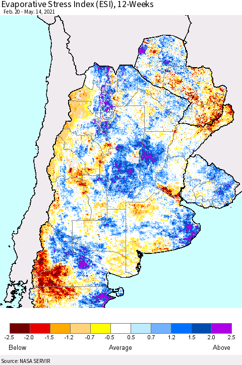 Southern South America Evaporative Stress Index (ESI), 12-Weeks Thematic Map For 5/10/2021 - 5/16/2021