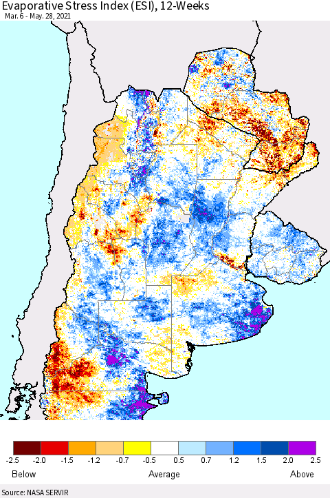 Southern South America Evaporative Stress Index (ESI), 12-Weeks Thematic Map For 5/24/2021 - 5/30/2021