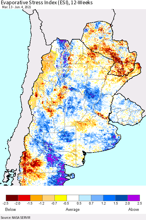 Southern South America Evaporative Stress Index (ESI), 12-Weeks Thematic Map For 5/31/2021 - 6/6/2021