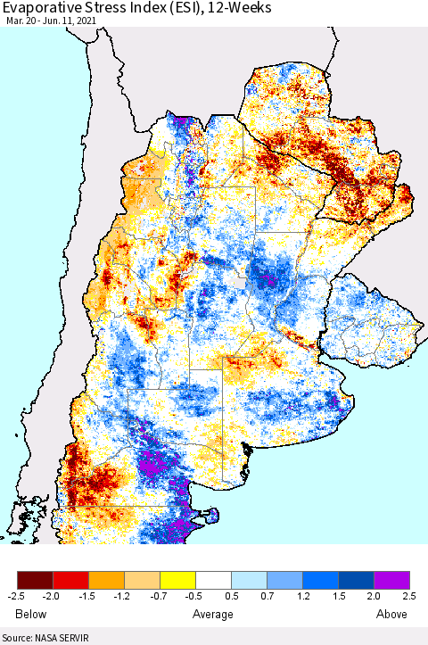 Southern South America Evaporative Stress Index (ESI), 12-Weeks Thematic Map For 6/7/2021 - 6/13/2021