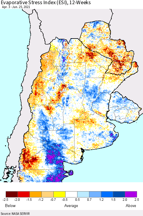 Southern South America Evaporative Stress Index (ESI), 12-Weeks Thematic Map For 6/21/2021 - 6/27/2021