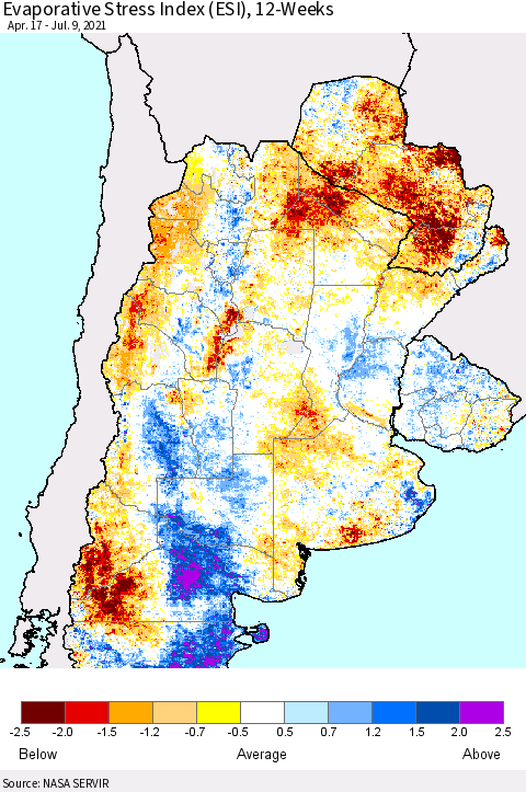 Southern South America Evaporative Stress Index (ESI), 12-Weeks Thematic Map For 7/5/2021 - 7/11/2021