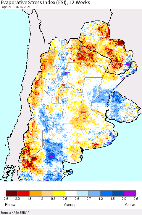 Southern South America Evaporative Stress Index (ESI), 12-Weeks Thematic Map For 7/12/2021 - 7/18/2021