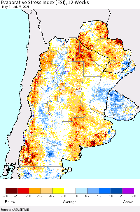 Southern South America Evaporative Stress Index (ESI), 12-Weeks Thematic Map For 7/19/2021 - 7/25/2021