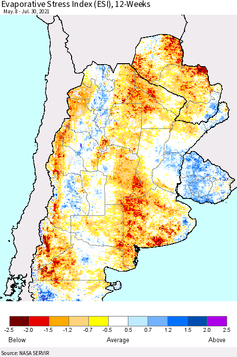 Southern South America Evaporative Stress Index (ESI), 12-Weeks Thematic Map For 7/26/2021 - 8/1/2021
