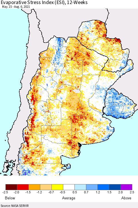 Southern South America Evaporative Stress Index (ESI), 12-Weeks Thematic Map For 8/2/2021 - 8/8/2021