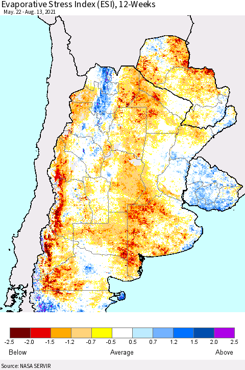Southern South America Evaporative Stress Index (ESI), 12-Weeks Thematic Map For 8/9/2021 - 8/15/2021