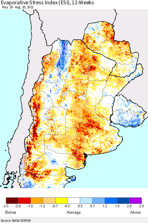Southern South America Evaporative Stress Index (ESI), 12-Weeks Thematic Map For 8/16/2021 - 8/22/2021