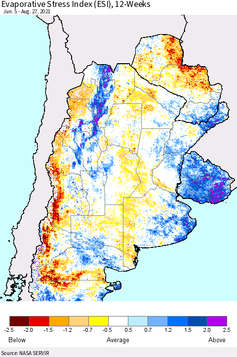 Southern South America Evaporative Stress Index (ESI), 12-Weeks Thematic Map For 8/23/2021 - 8/29/2021