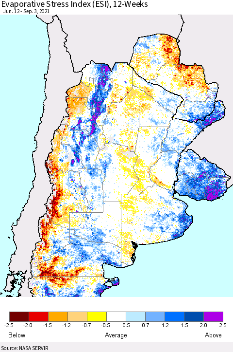 Southern South America Evaporative Stress Index (ESI), 12-Weeks Thematic Map For 8/30/2021 - 9/5/2021