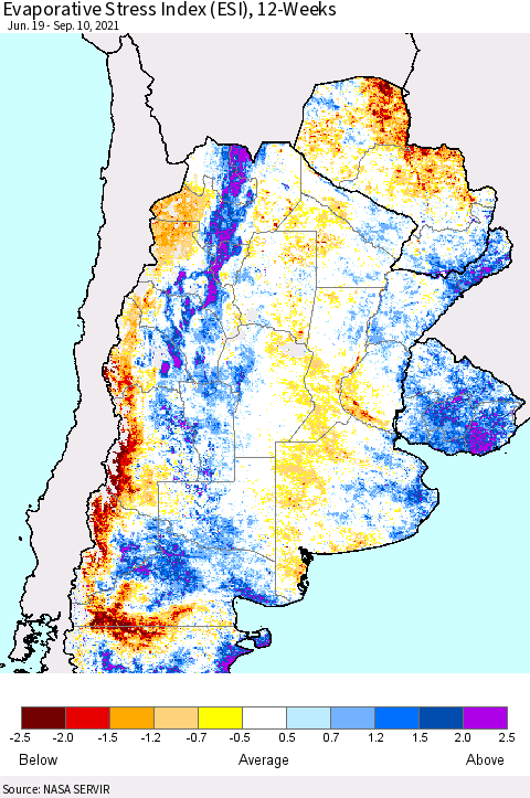 Southern South America Evaporative Stress Index (ESI), 12-Weeks Thematic Map For 9/6/2021 - 9/12/2021