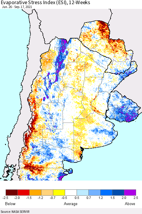 Southern South America Evaporative Stress Index (ESI), 12-Weeks Thematic Map For 9/13/2021 - 9/19/2021